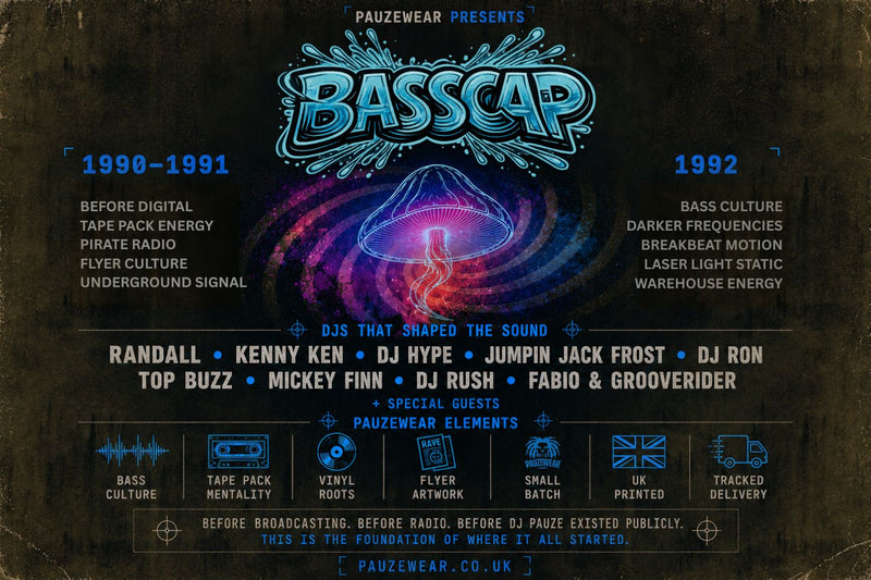Flyer-inspired artwork by Pauzewear featuring early 90s rave culture