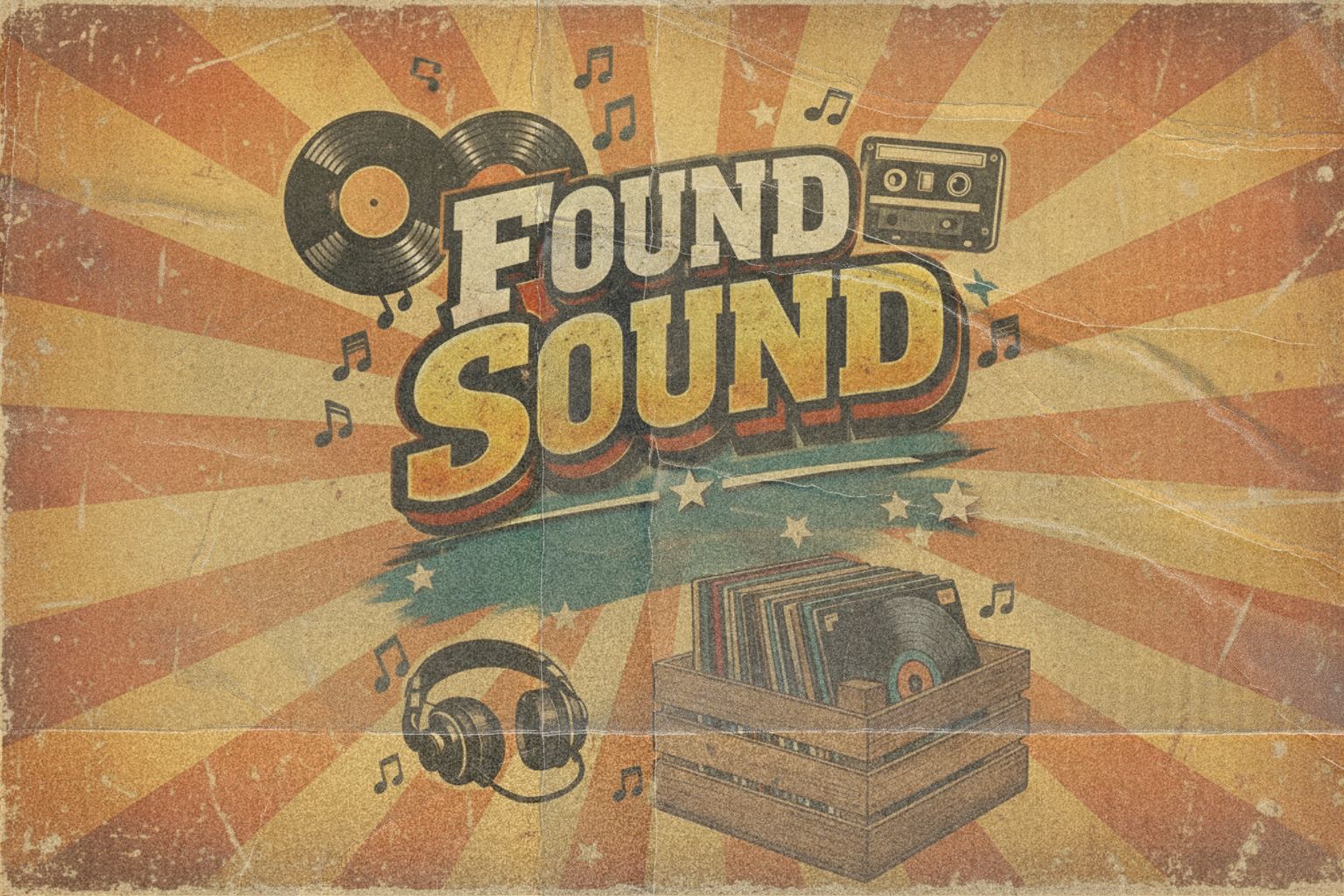 vintage flyer with found sound text and music elements