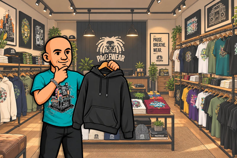 Man standing in shop looking at a hoodie and thinking