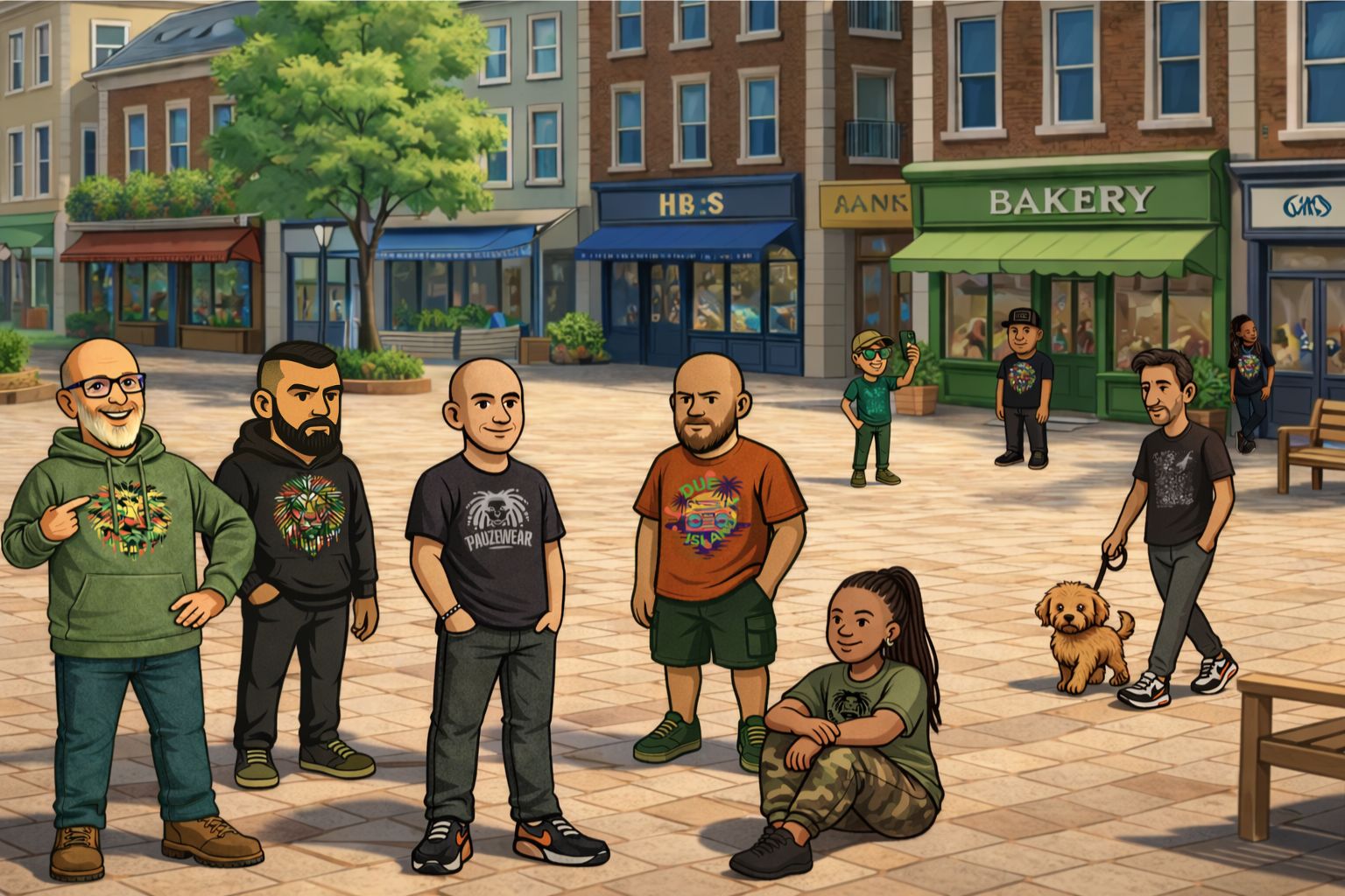 People wearing pauzewear clothing in a high street scene