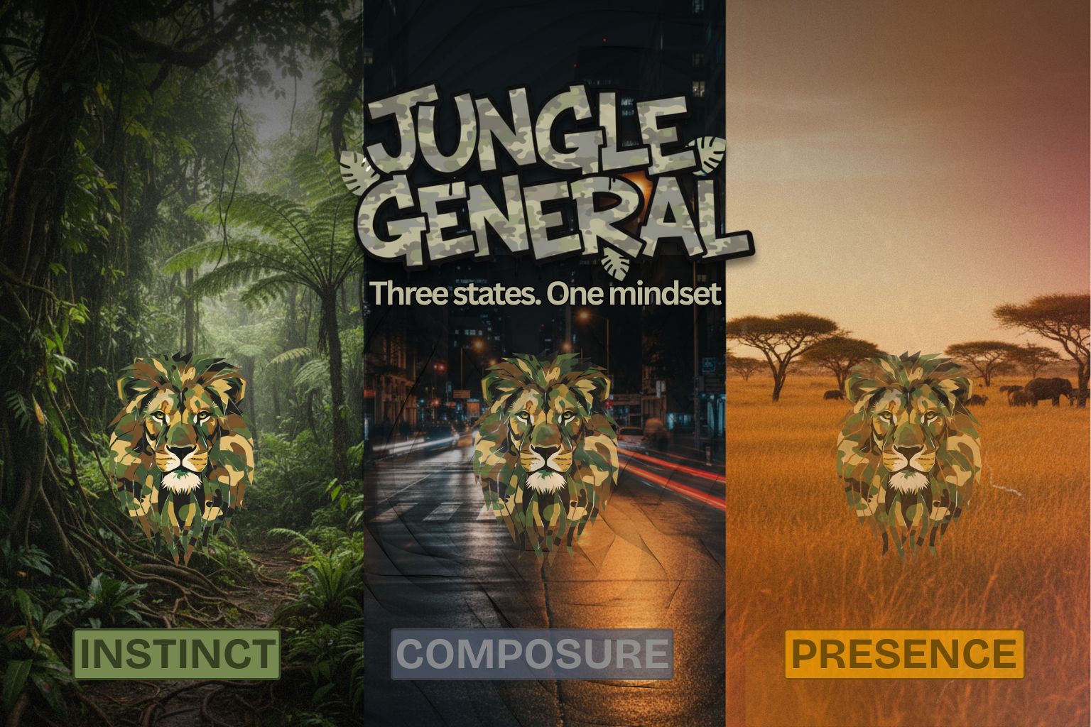 Graphic for 'Jungle General' with images of a lion in different settings and text.