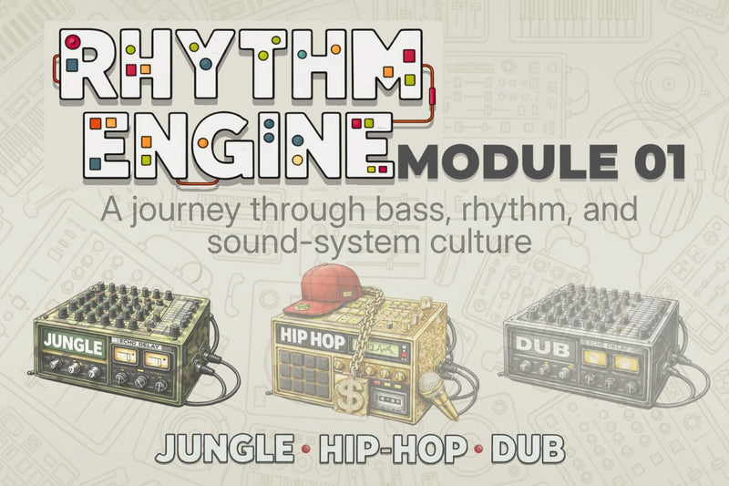 Promotional graphic for 'Rhythm Engine Module 01' with text and sound equipment illustrations on a textured background.