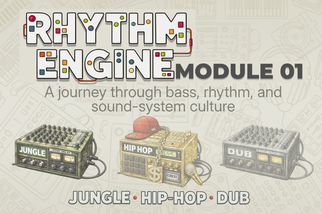 Promotional graphic for 'Rhythm Engine Module 01' with text and sound equipment illustrations on a textured background.