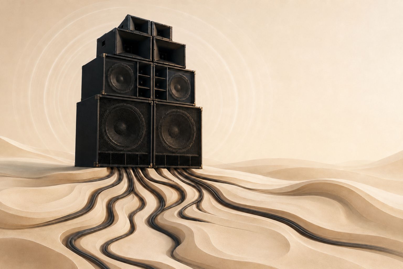 Speaker stack vibrating with cables that look like roots, in sand dunes