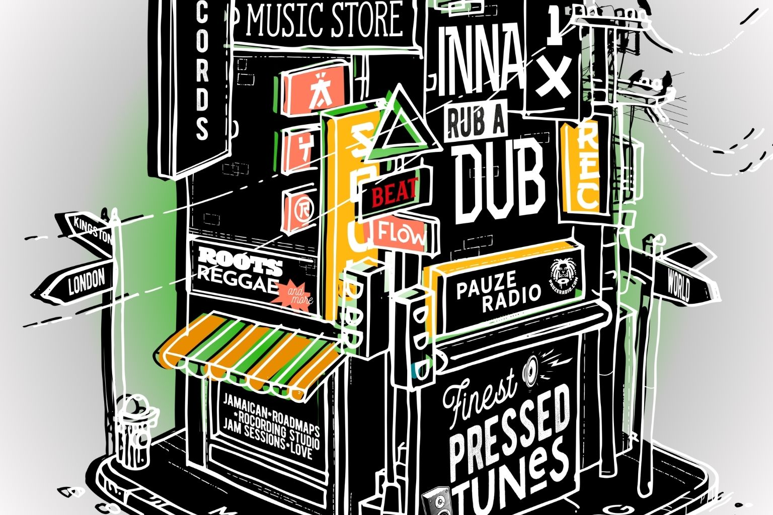 A hand drawn illustration of a street with a record shop on