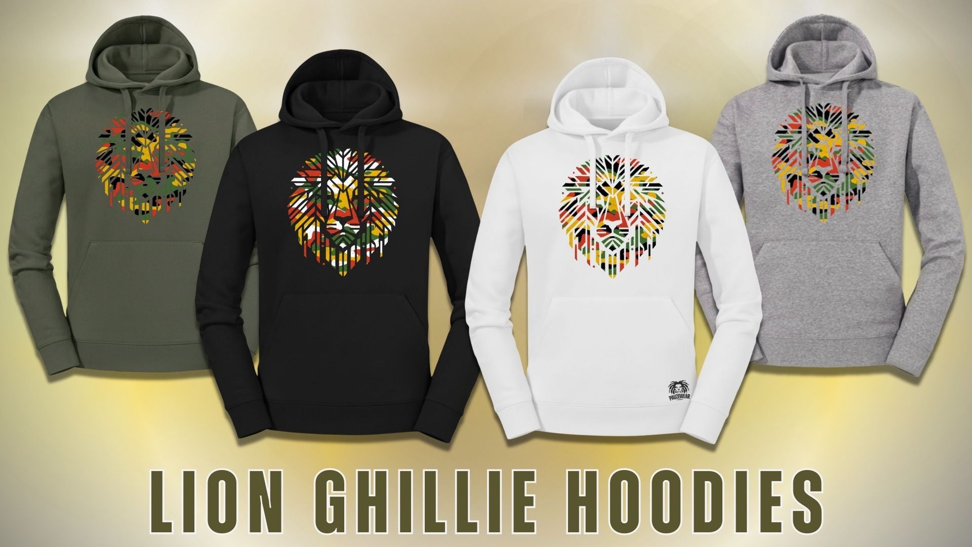 Four lion-themed hoodies in different colors on a gradient background with 'Lion Ghillie Hoodies' text.