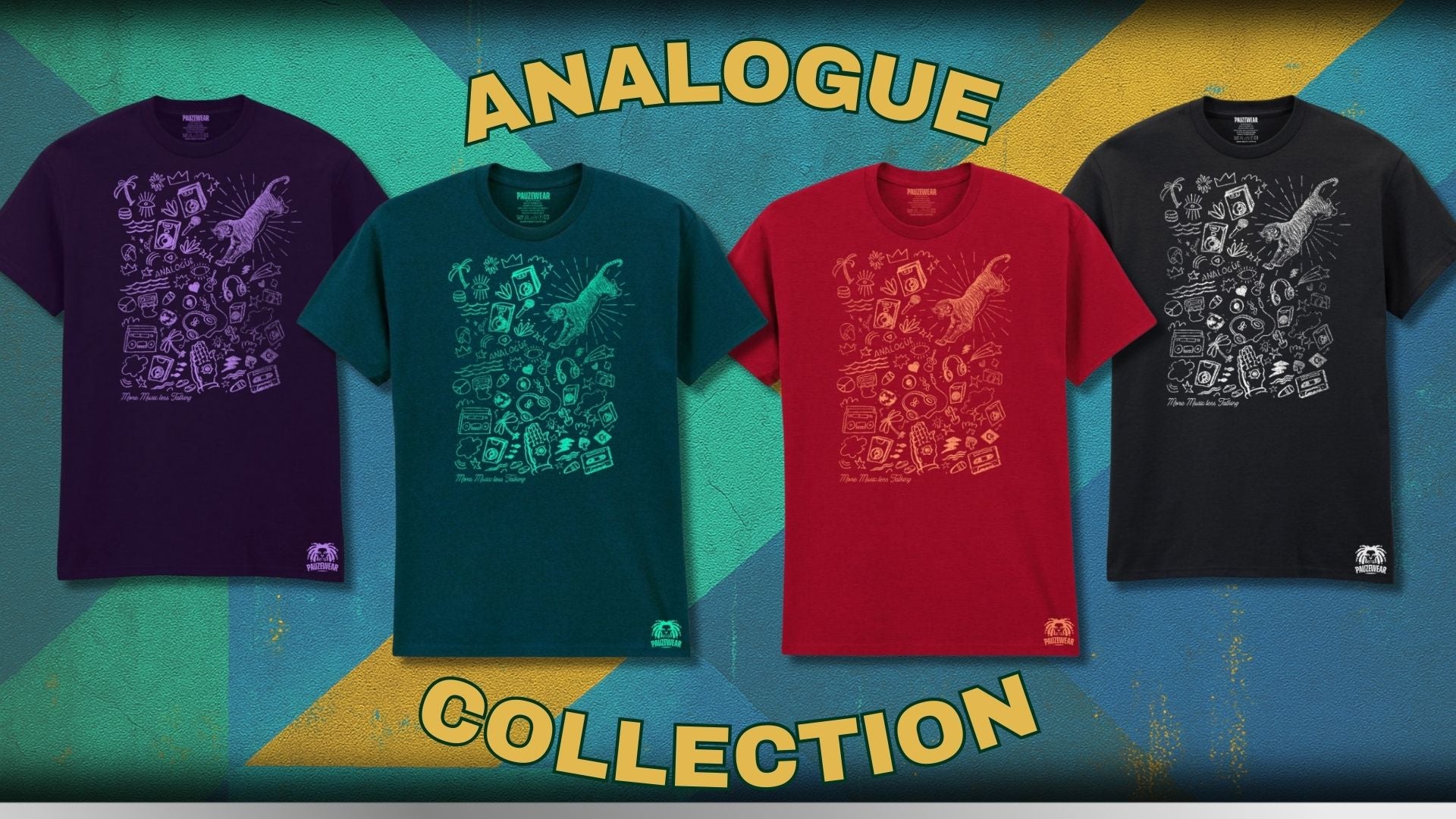 Four t-shirts with different designs on a colorful background with 'Analogue Collection' text.