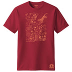 Red t-shirt with orange graphic design on a white background