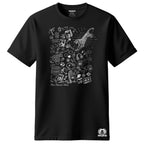 Black t-shirt with white graphic design on a white background