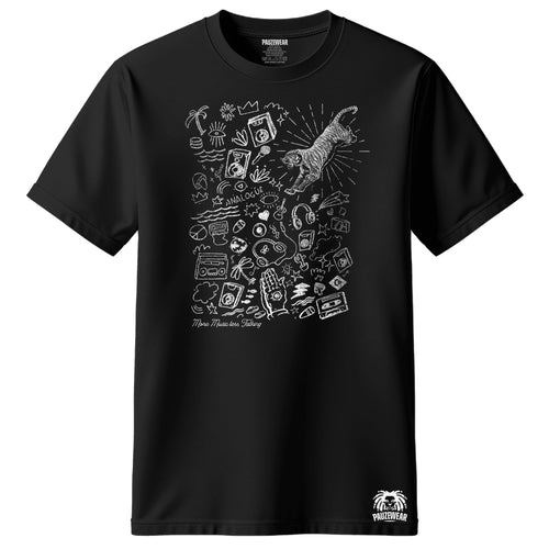 Black t-shirt with white graphic design on a white background