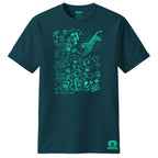 Midnight t-shirt with turquoise graphic design on a white background
