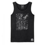 Black vest top with white graphic design on a white background