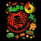 Colorful graphic design with bass music text and symbols on a black background