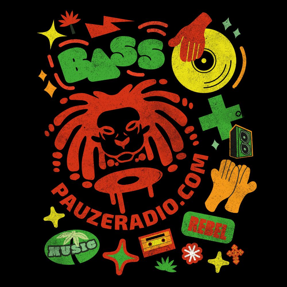 Colorful graphic design with bass music text and symbols on a black background