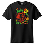 Black t-shirt with rasta colour pauzeradio graphic design on a white background