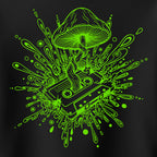 Green abstract design with a mushroom and cassette tape on a black background