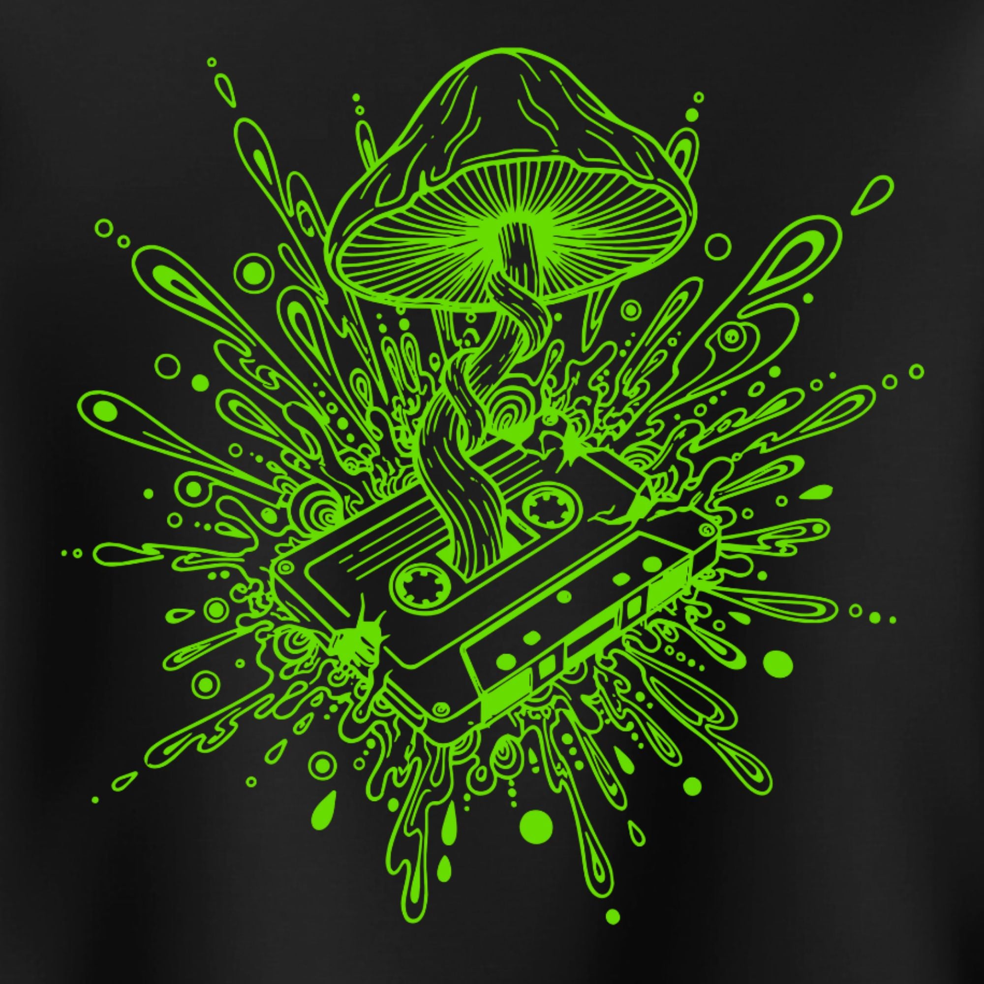 Green abstract design with a mushroom and cassette tape on a black background