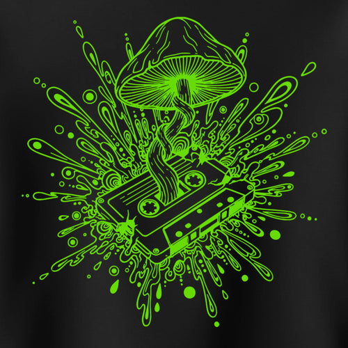 Green abstract design with a mushroom and cassette tape on a black background