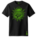 Black t-shirt with green mushroom graphic design on a white background