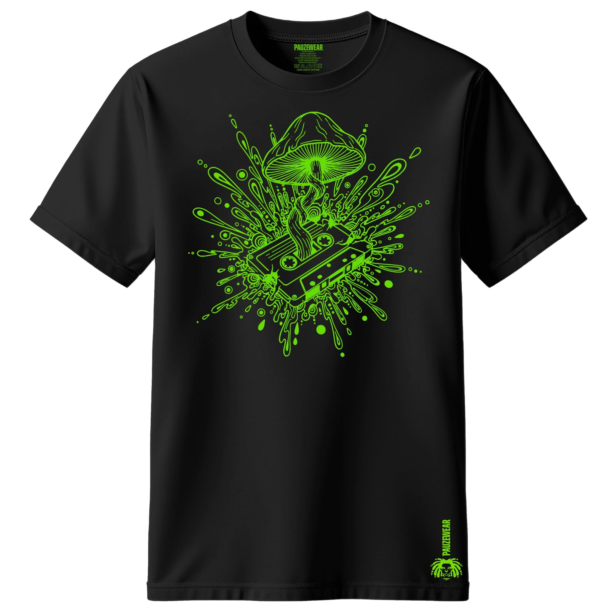 Black t-shirt with green mushroom graphic design on a white background