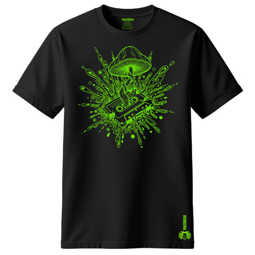 Black t-shirt with green mushroom graphic design on a white background
