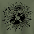 Black mushroom and vinyl design on a green background