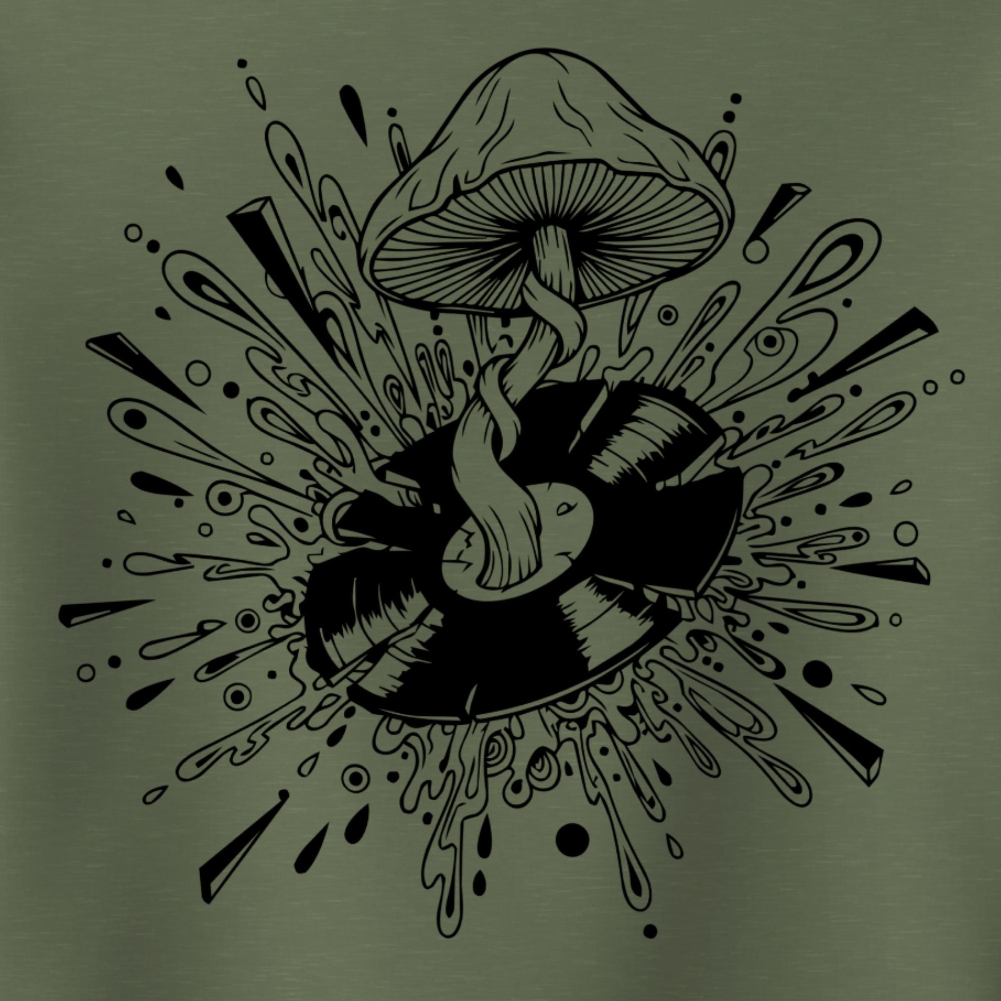 Black mushroom and vinyl design on a green background