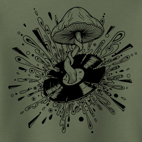 Black mushroom and vinyl design on a green background