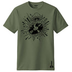 Green t-shirt with black graphic design on a white background
