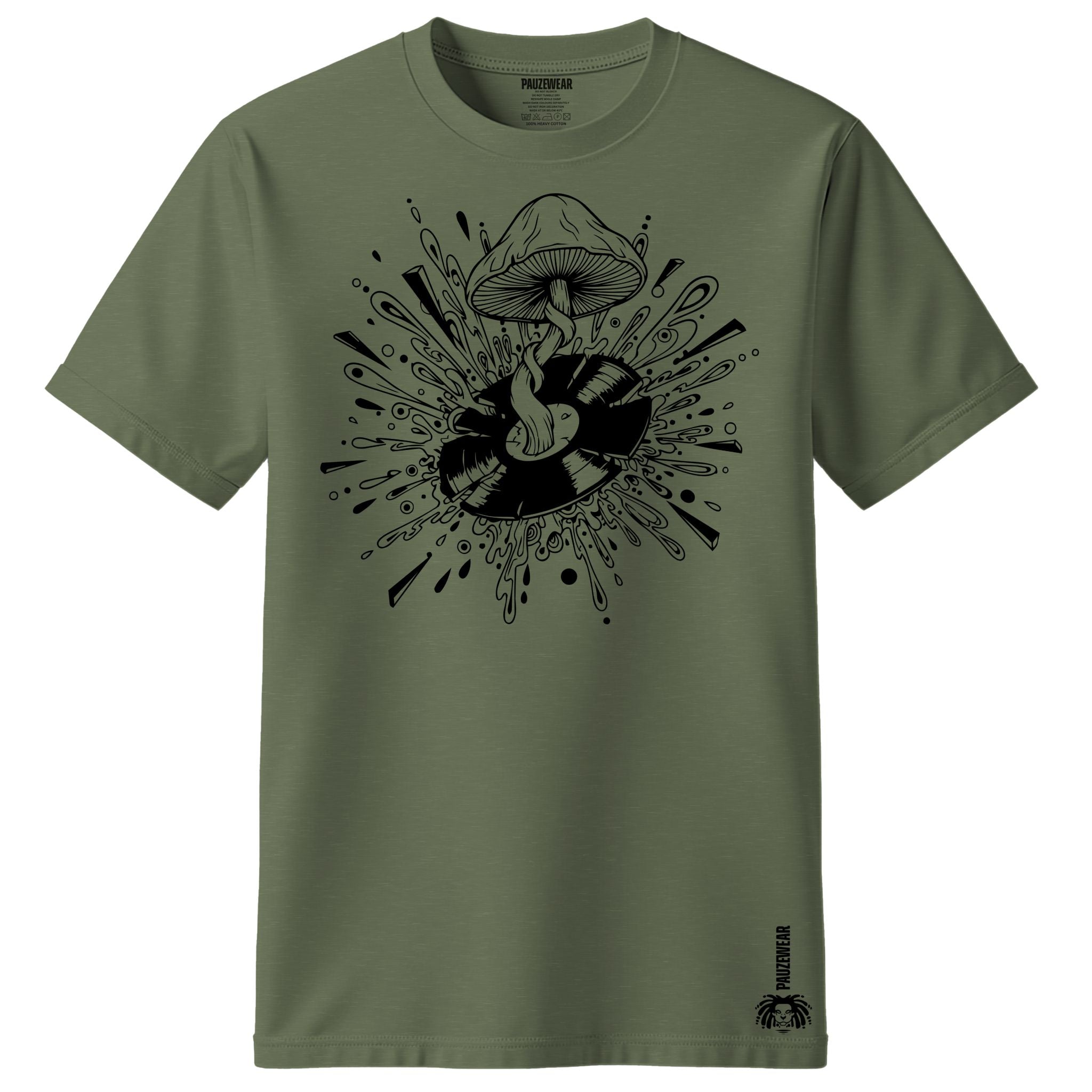 Green t-shirt with black graphic design on a white background