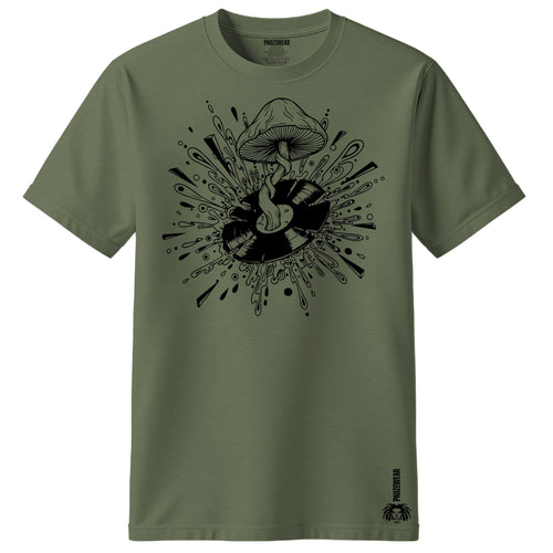 Green t-shirt with black graphic design on a white background