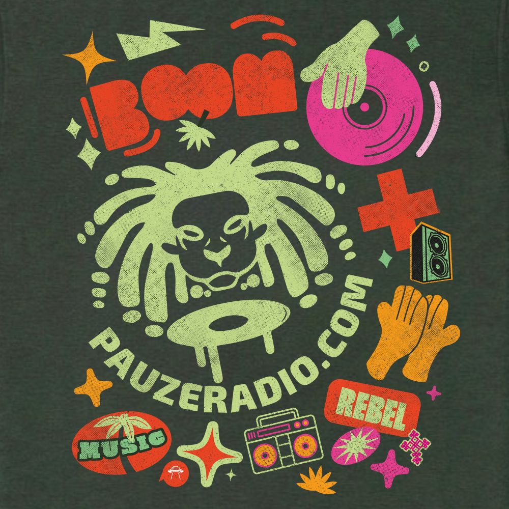 Colorful graphic design with boom music text and symbols on a dark green background