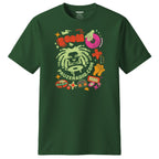 Green t-shirt with colorful pauzeradio graphic design on a white background