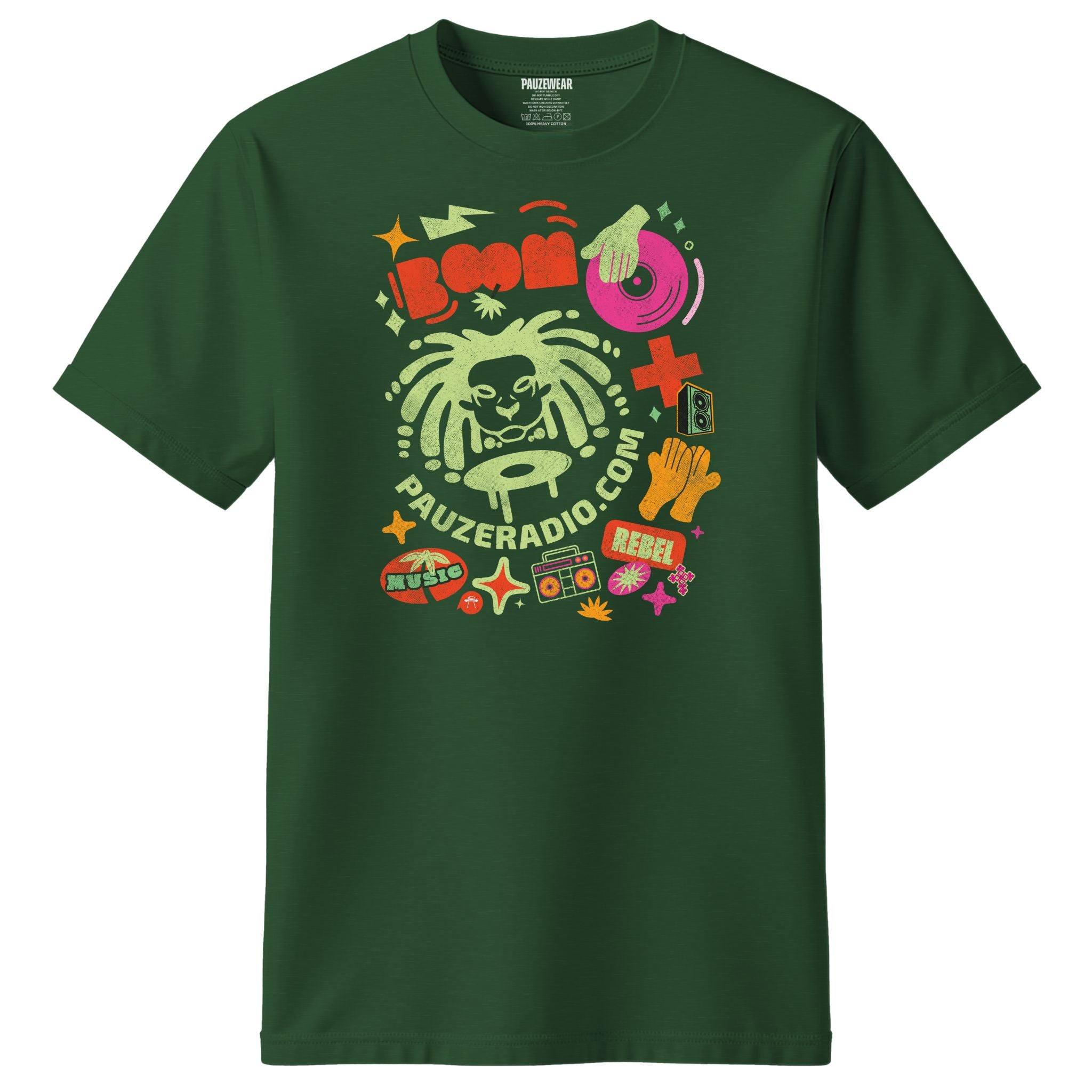 Green t-shirt with colorful pauzeradio graphic design on a white background