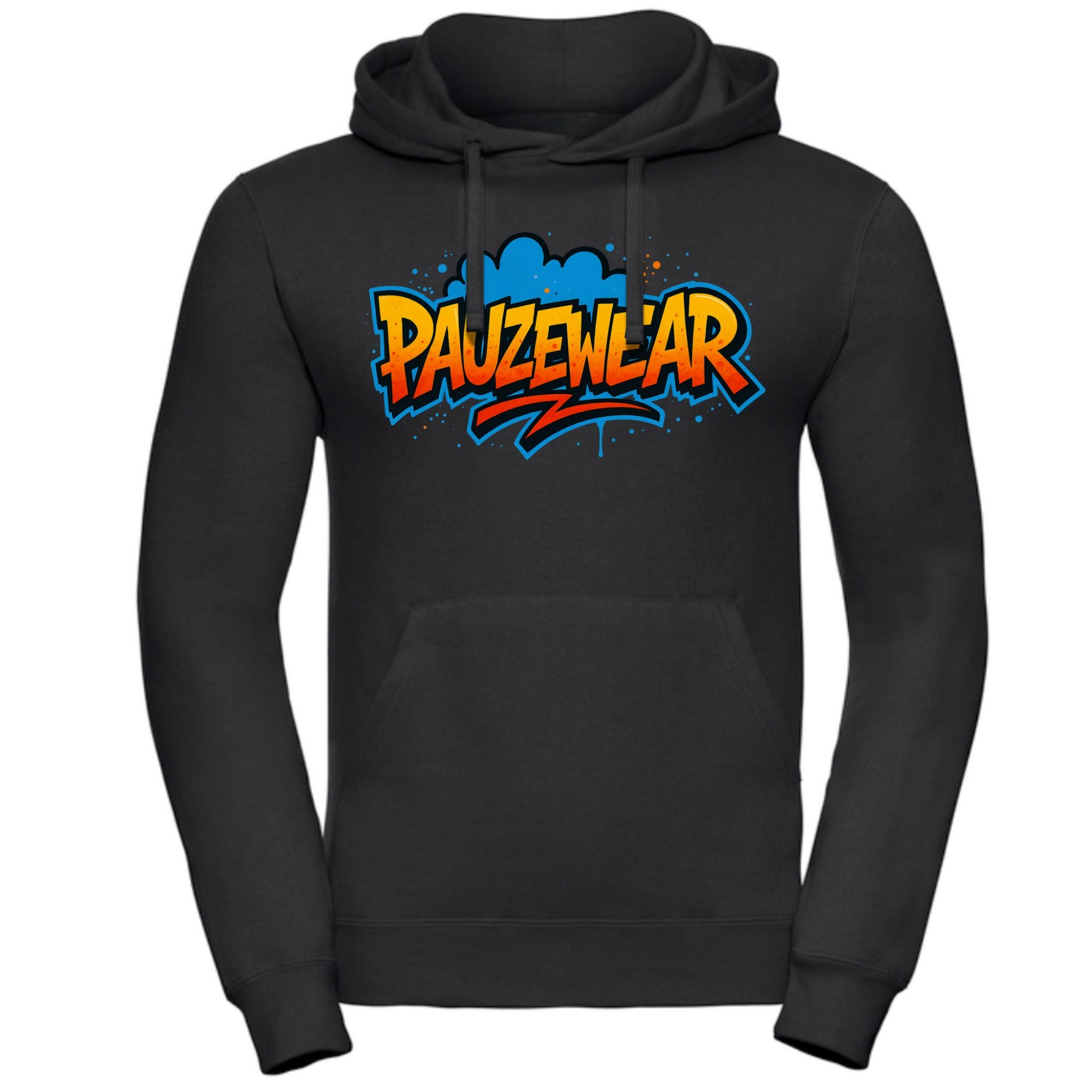 black burner hoodie with blue orange and red graffiti pauzewear logo