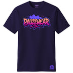 dark purple t-shirt with colorful 'PAUZEWEAR' logo on a white background
