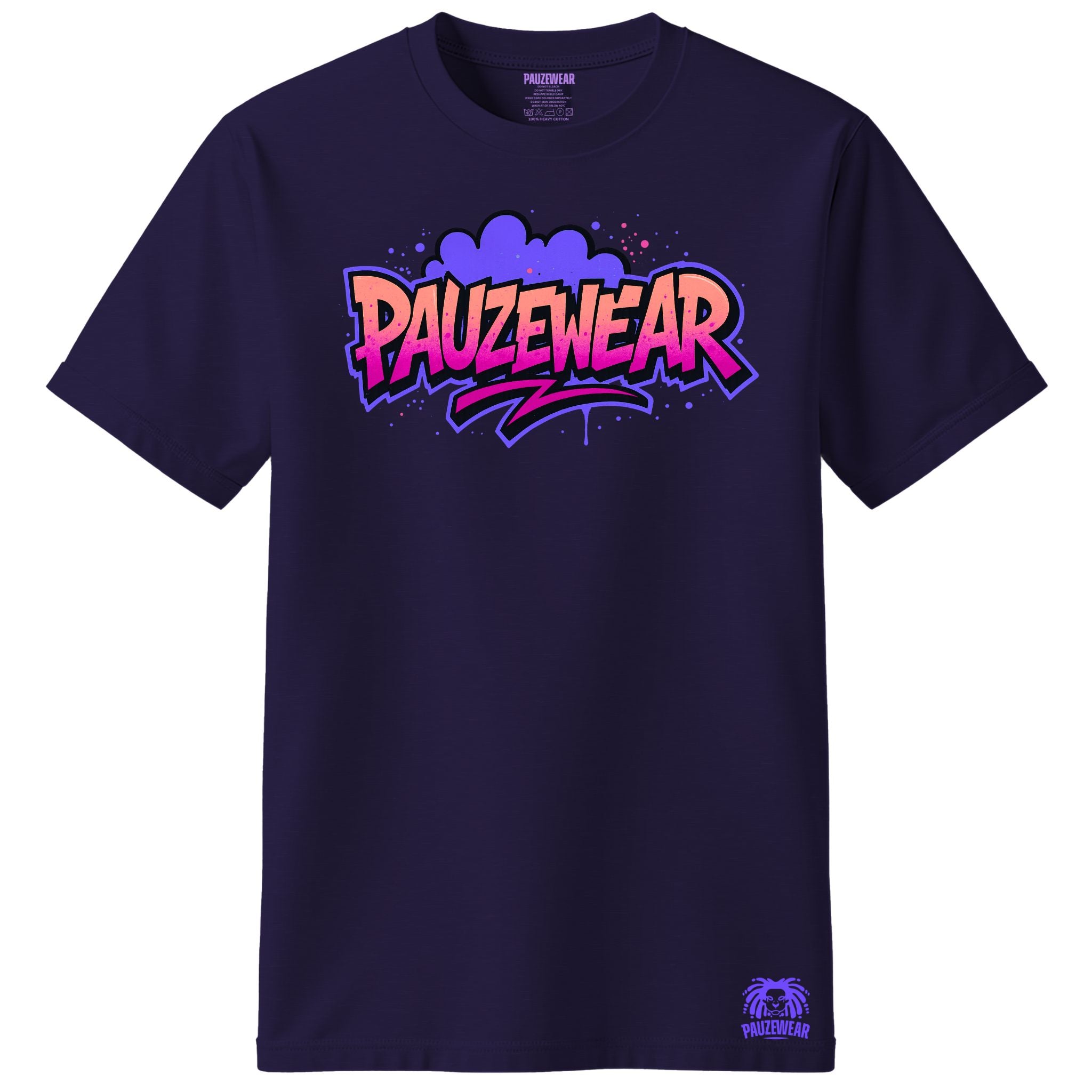 dark purple t-shirt with colorful 'PAUZEWEAR' logo on a white background