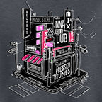 Illustration of a music store with neon signs on a dark background