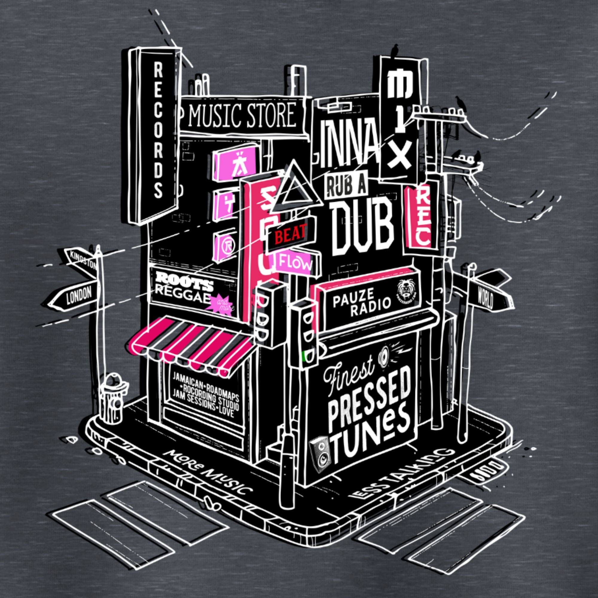 Illustration of a music store with neon signs on a dark background