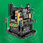Illustration of a music store with neon signs on a green background