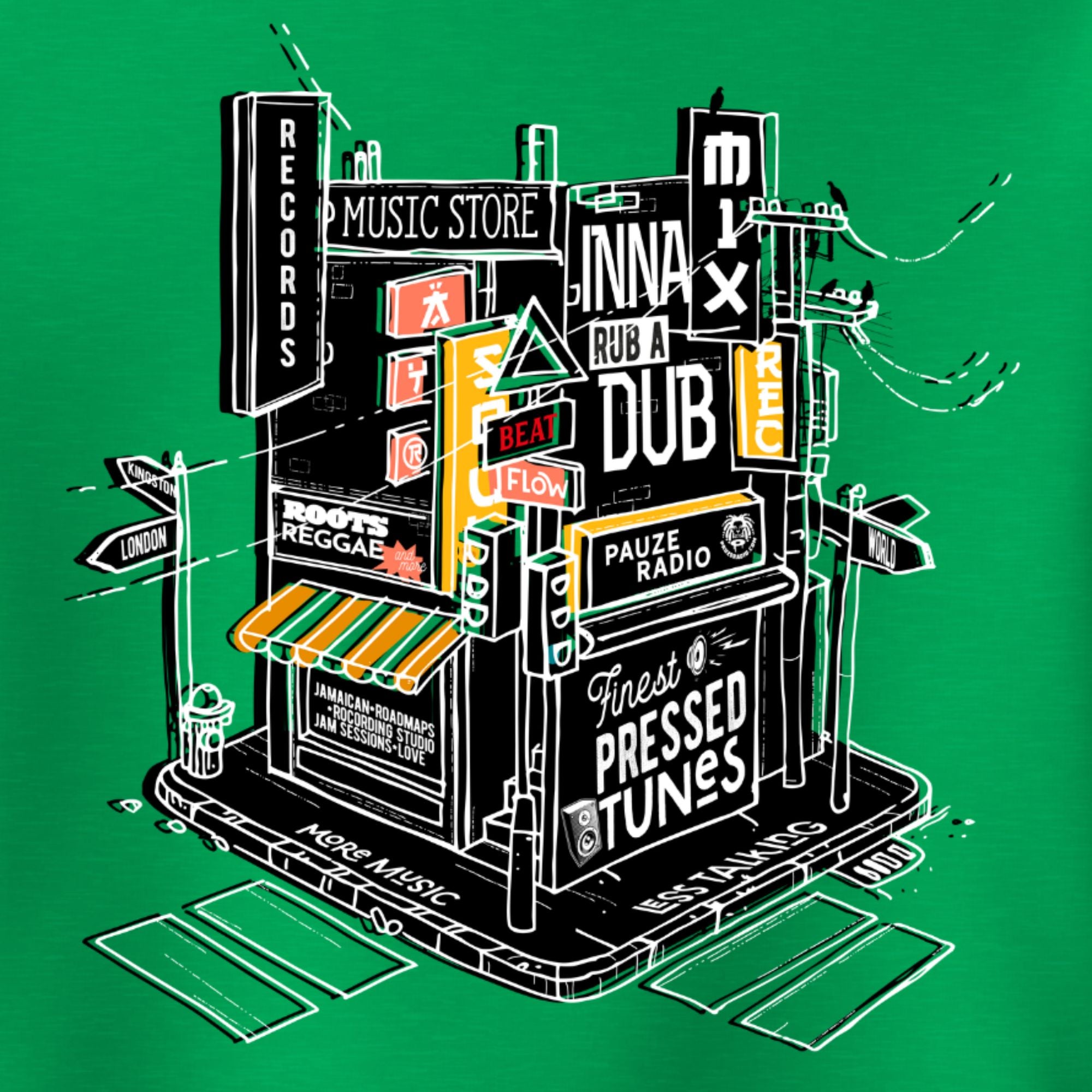 Illustration of a music store with neon signs on a green background