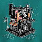 Illustration of a music store with various signs and neon lights on a teal background