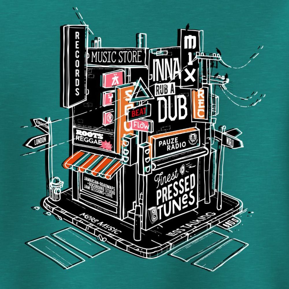 Illustration of a music store with various signs and neon lights on a teal background