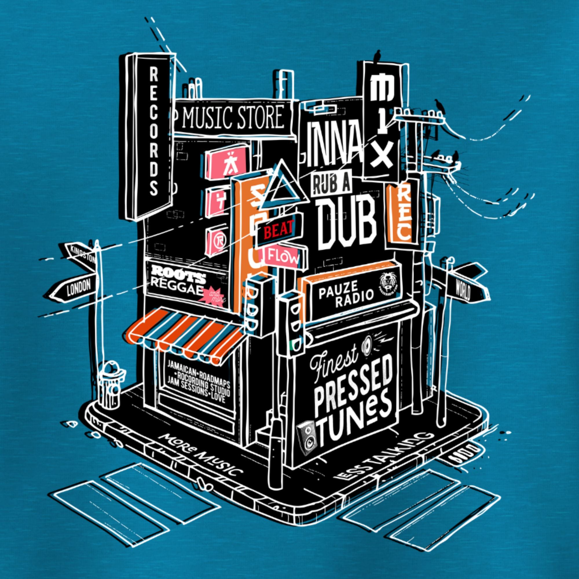 Illustration of a music store with neon signs on a blue background
