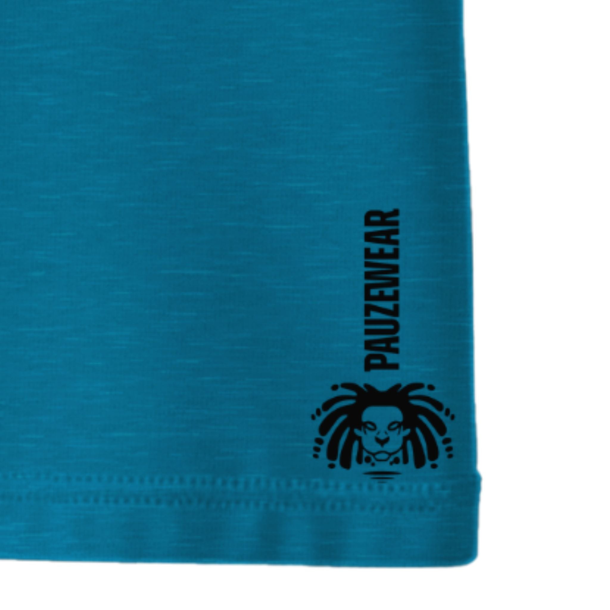 Blue T-shirt hem with black text and logo on a white background
