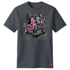 Grey t-shirt with a graphic design of a record shop and text on a white background