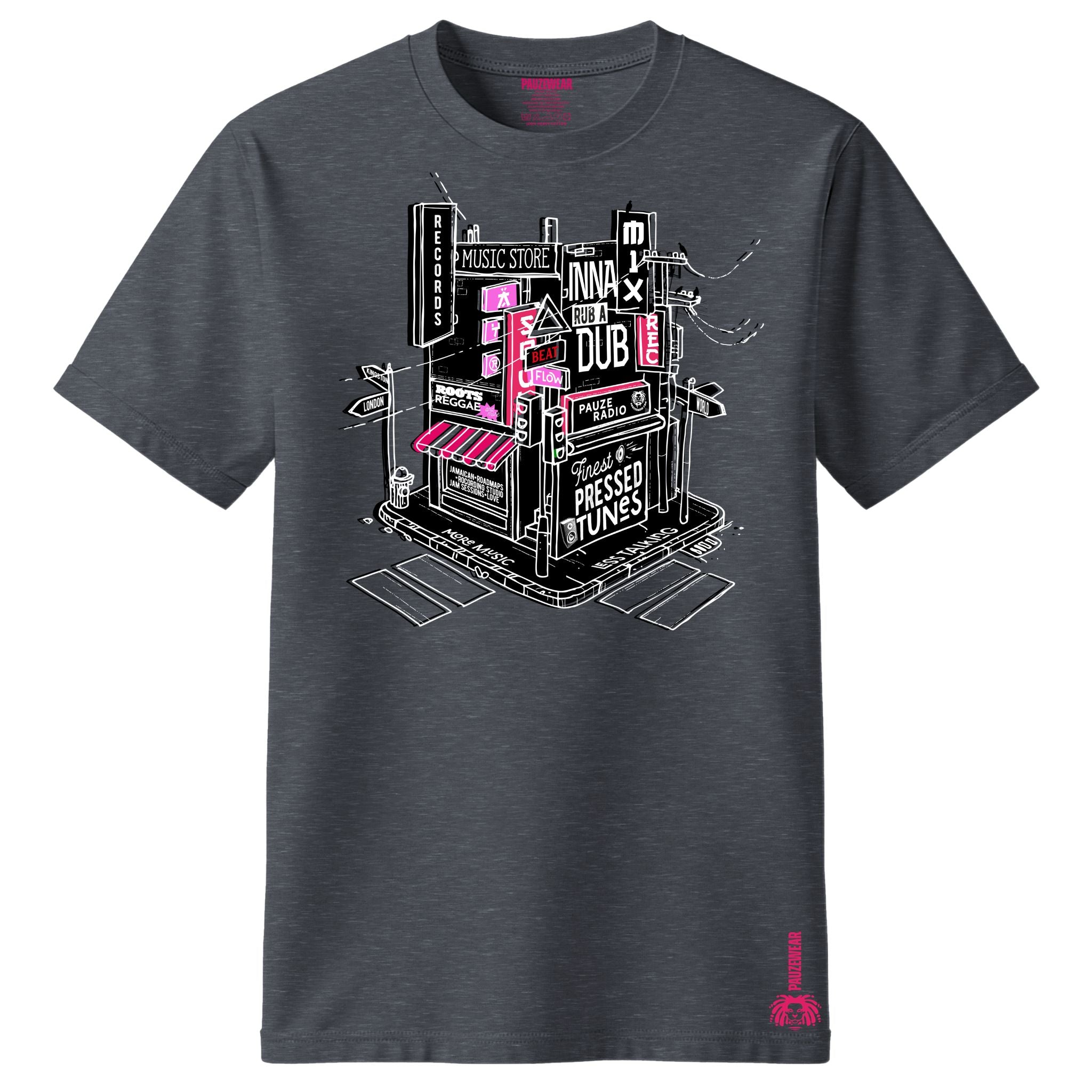 Grey t-shirt with a graphic design of a record shop and text on a white background