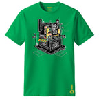 Green t-shirt with a graphic design on a white background