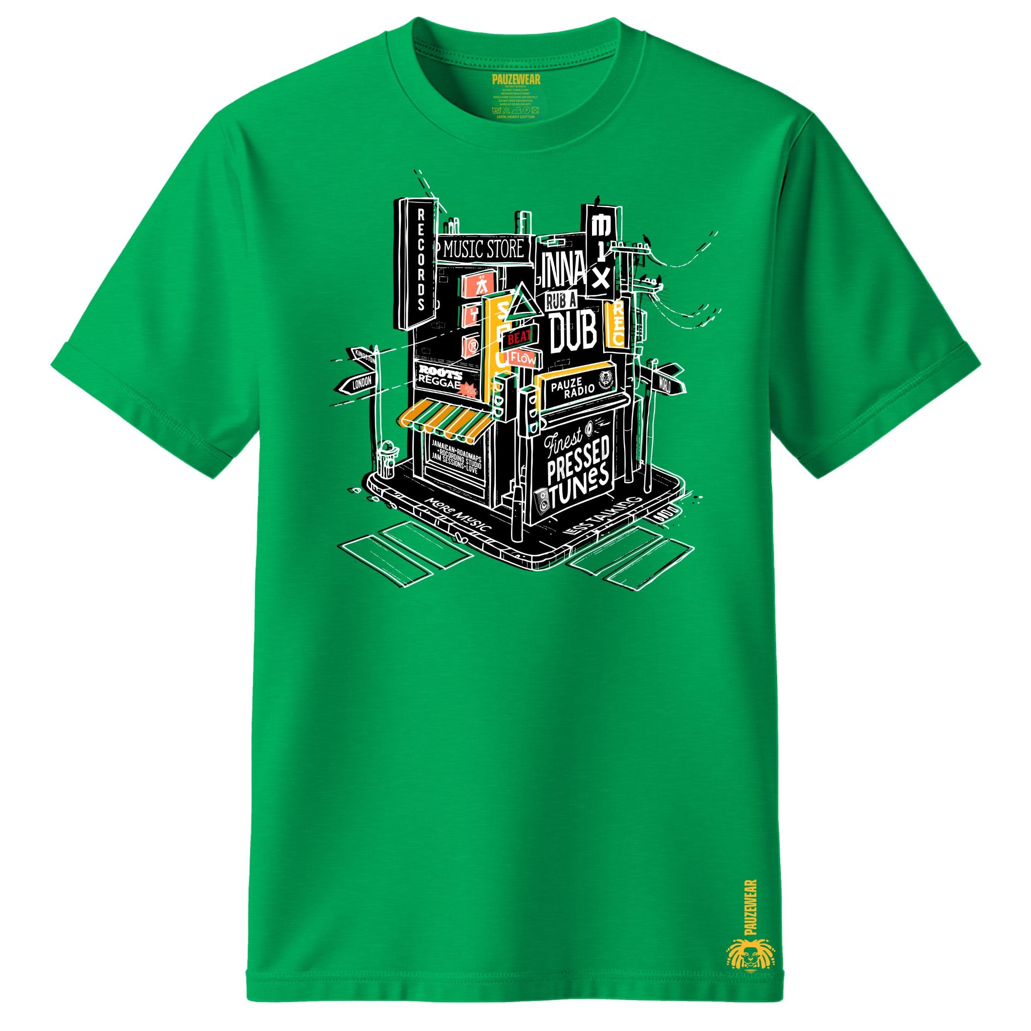 Green t-shirt with a graphic design on a white background
