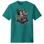 Teal t-shirt with a graphic design on a white background
